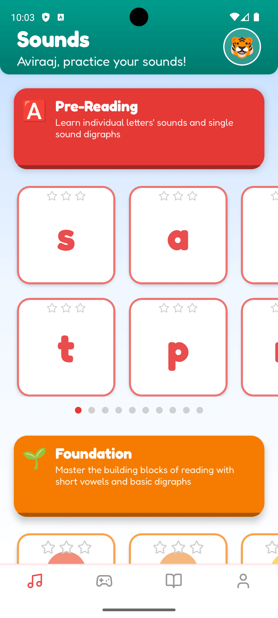 ReadingCraft app — phonics sounds screen